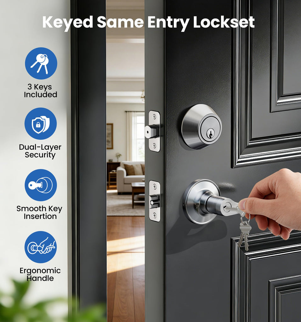 Keyed Alike Front Door Handle Lock Set with Deadbolt, Satin Nickel