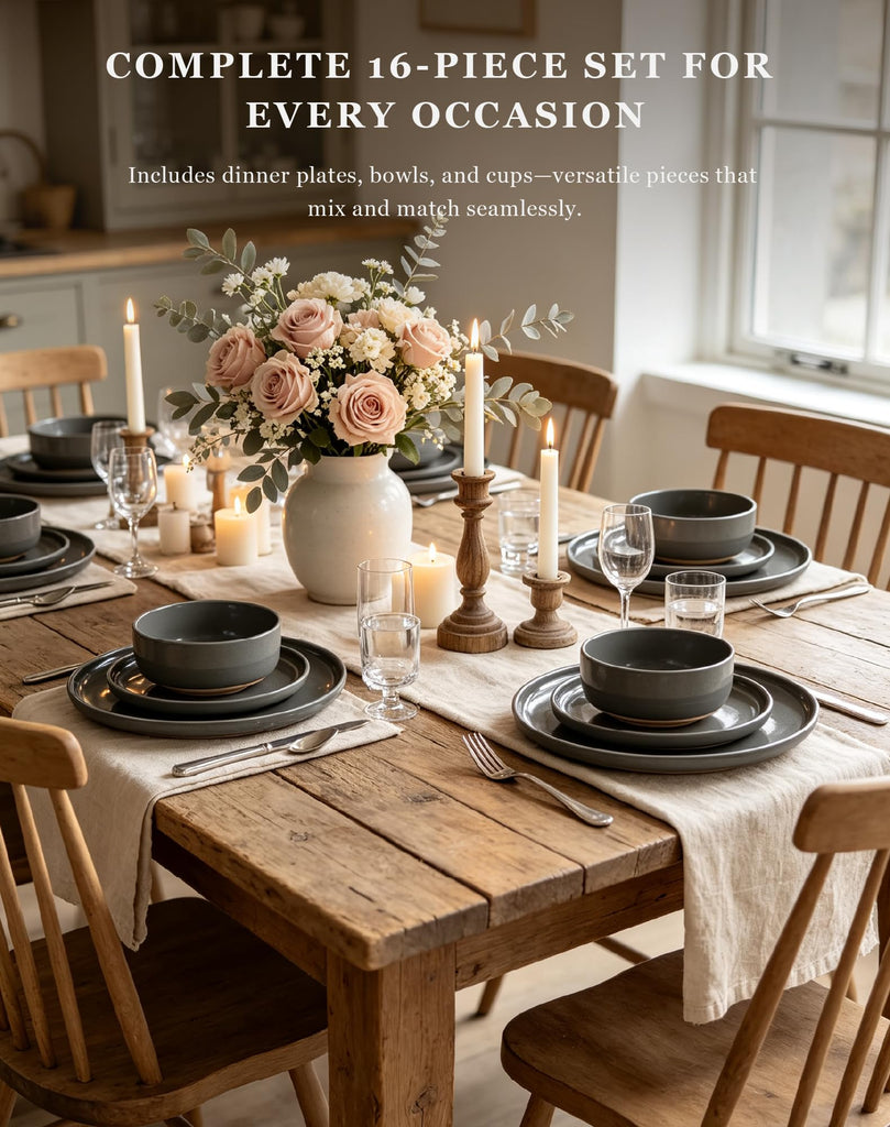 16-Piece Gray Stoneware Dinnerware Set for 4 with Mugs, Plates and Bowls Sets with Partially Unglazed Base, Scratch