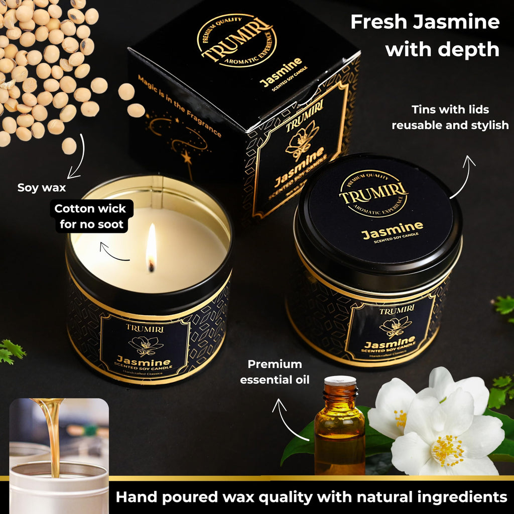 Jasmine Strong Scented Soy Candel Clean Non Toxic Velas Aromáticas for Women Gift for Diwali Pack of 3 5Oz