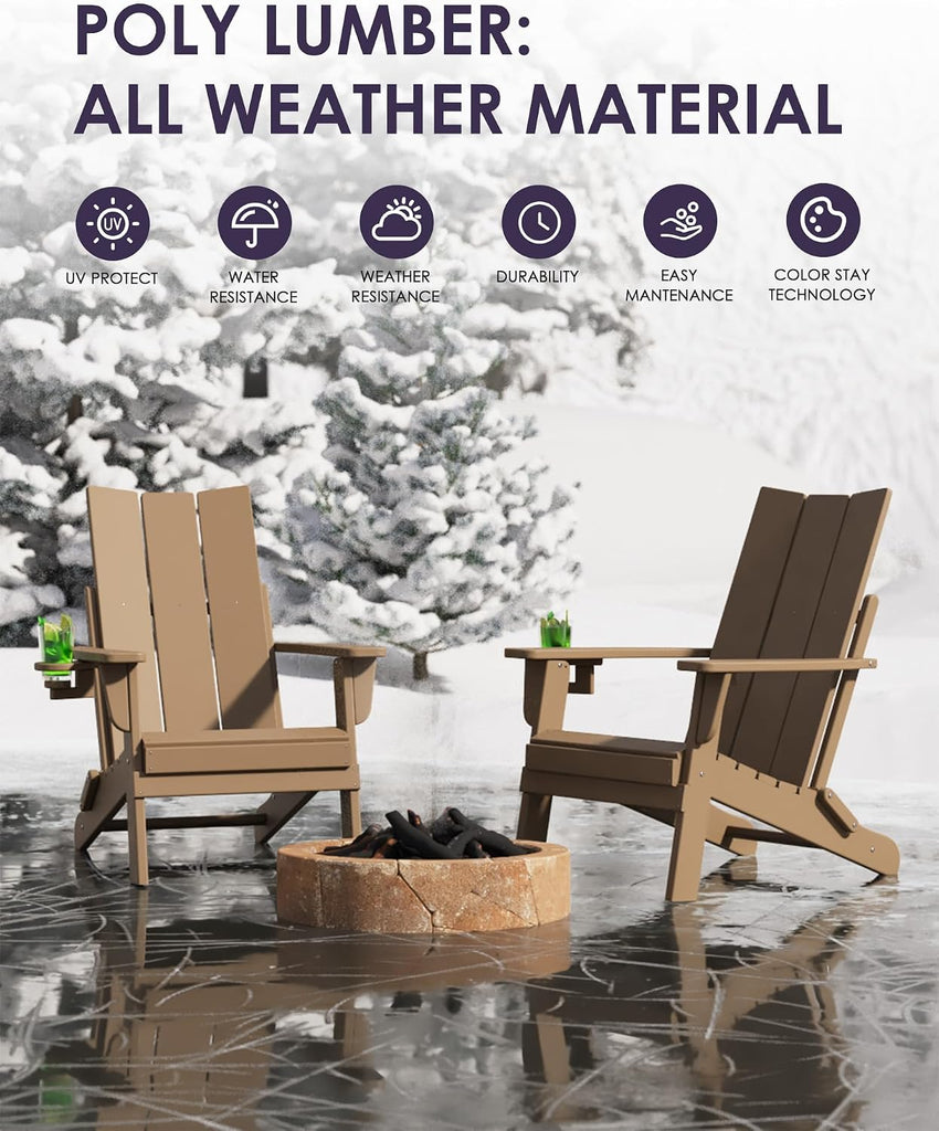 Folding Adirondack Chairs, All-Weather Resistant HDPE Patio Firepit Chairs, Sturdy Outside Chairs with Cup Holder