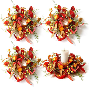 Fall Candle Ring Wreaths Artificial Autumn Candle Holder Wreath - Set of 4