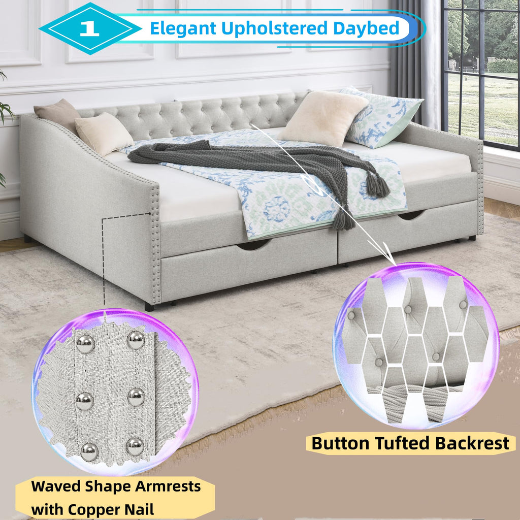 Linuque Upholstered Queen Size Daybed with 2 Storage Drawers, Solid Wood Sofa Bed Frame with Button Tufted Backrest