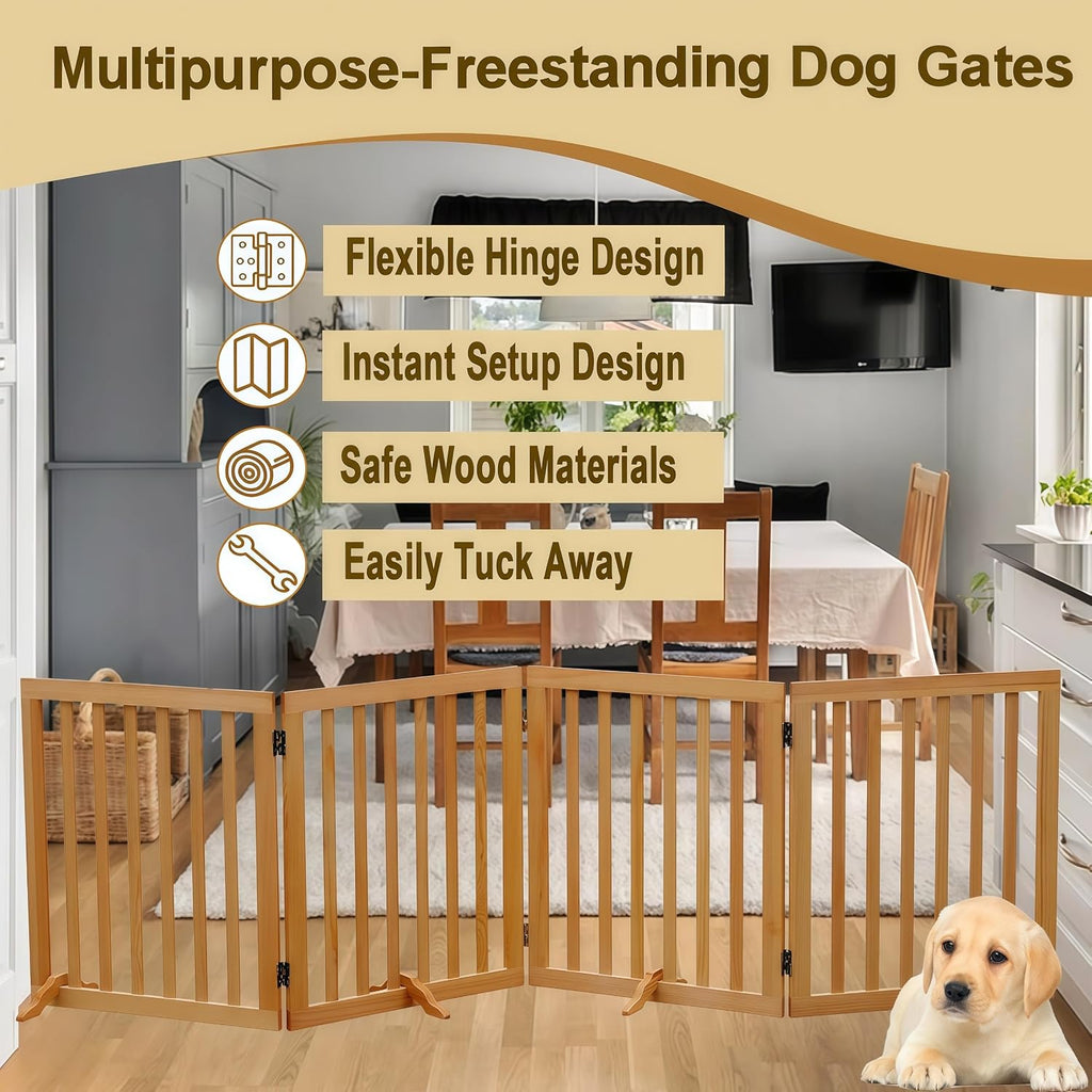 Wooden Foldable Dog Gate Freestanding 4 Panels Puppy Safety Fence-Brown