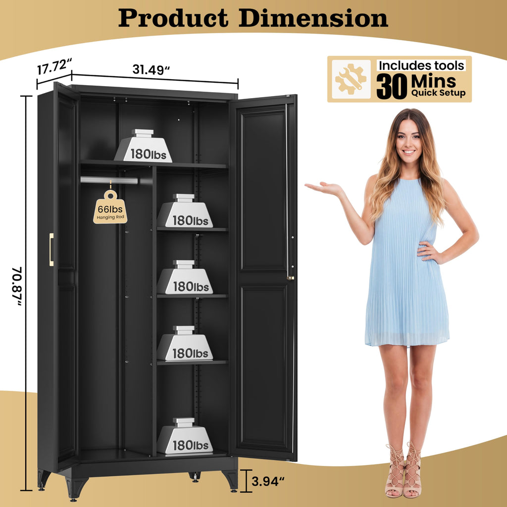 71" Metal Armoire Wardrobe Closet with Doors & Lock, Black