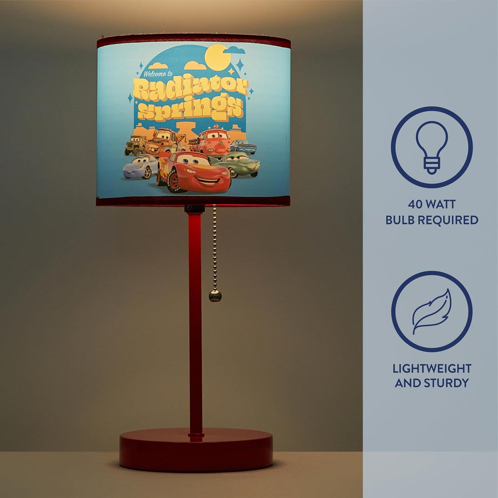 Table Lamp for Kids, Stick Lamp with Printed Shade & Pull Chain, Bedroom or Nursery Nightstand Lighting,Cars