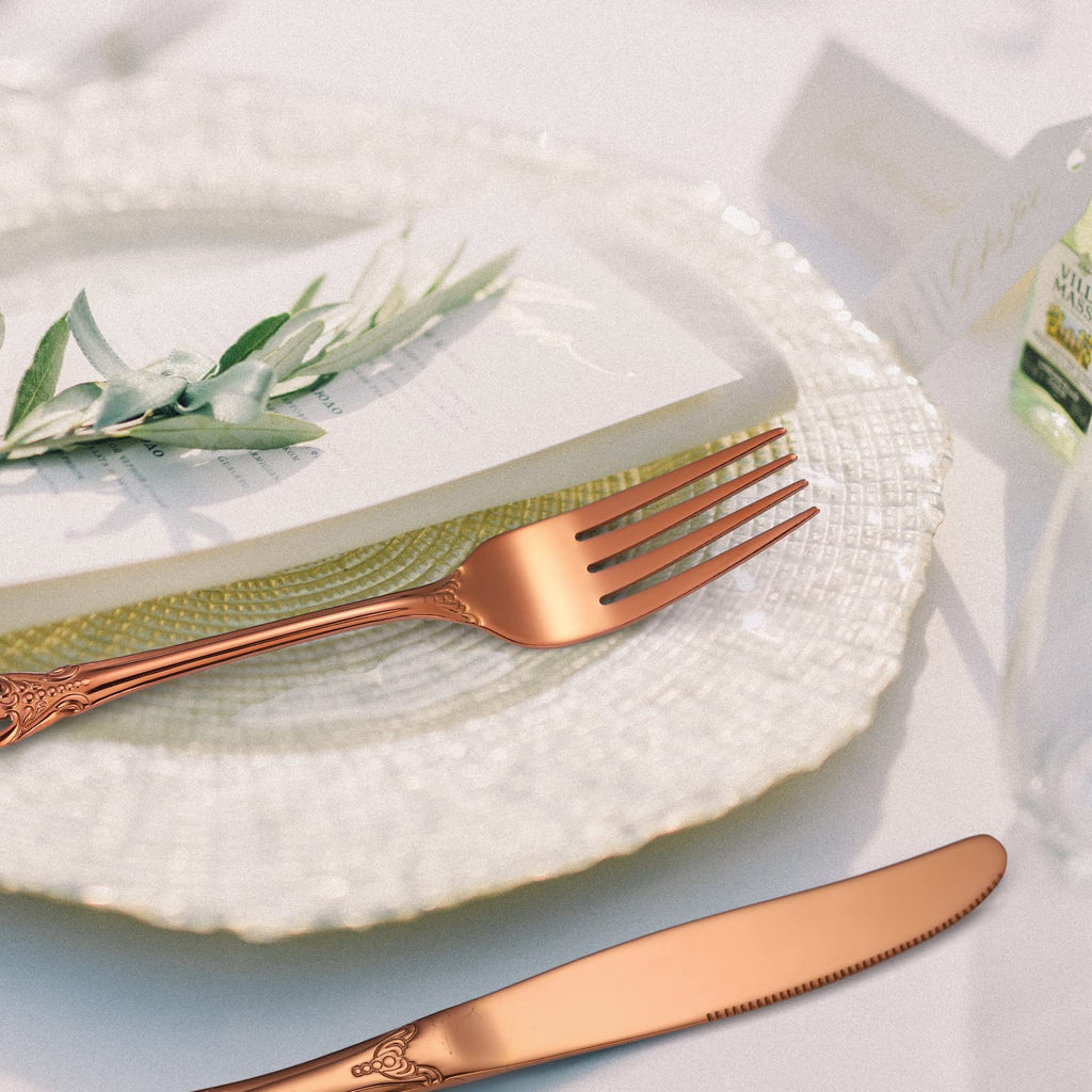 Royal Flatware Set for 4 Copper/Rose Gold Silverware Stainless Steel Cutlery 20 Piece With Vintage Relief Deisgn