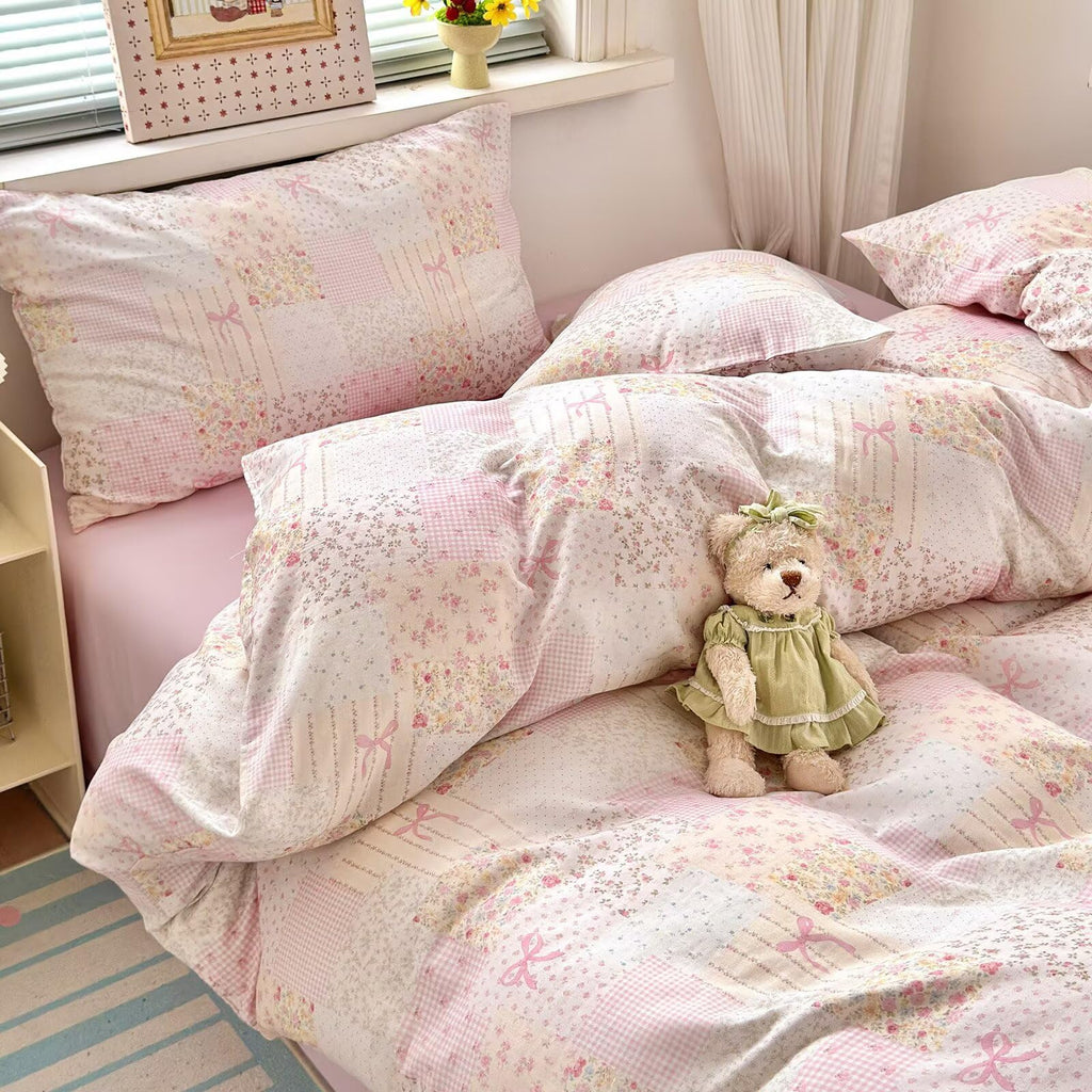 Pink Duvet Cover Full Size 100% Cotton Muslin Cute Patchwork Bedding Set for Teen Girls Women, Soft Comfy Double Gauze