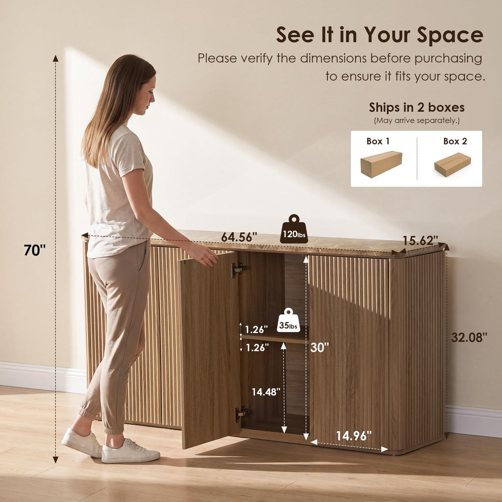 64" Fluted Sideboard Cabinet with Storage, Modern Buffet Cabinet, Oak