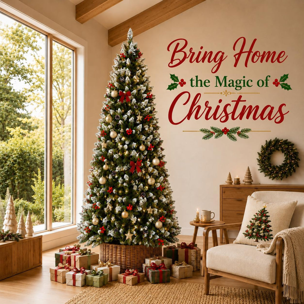 7FT Pre-Lit Artificial Christmas Tree, Snow Flocked Hinged Pine Tree with Warm White Lights, Red Berries & Pine