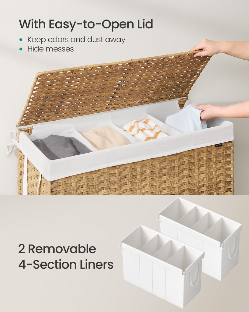 Laundry Hamper with Lid, 200L 4-Section Wicker Basket, 6 Mesh Bags