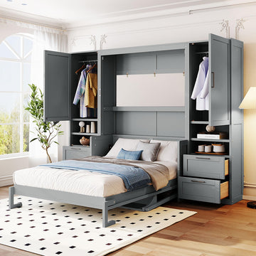 Full Size Murphy Bed with Desk, Closet, Drawers and Shelves, Multifunctional Foldable Wood Platform Bed Frame for