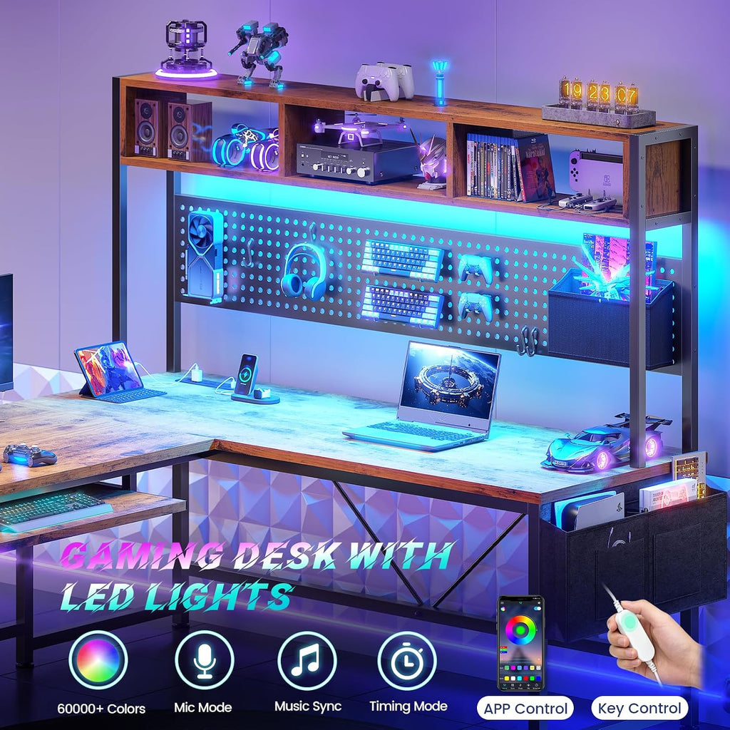 L Shaped Computer Desk, Reversible Corner Desk with Power Outlet | Gaming Desk with Pegboard, Led Lights, Keyboard