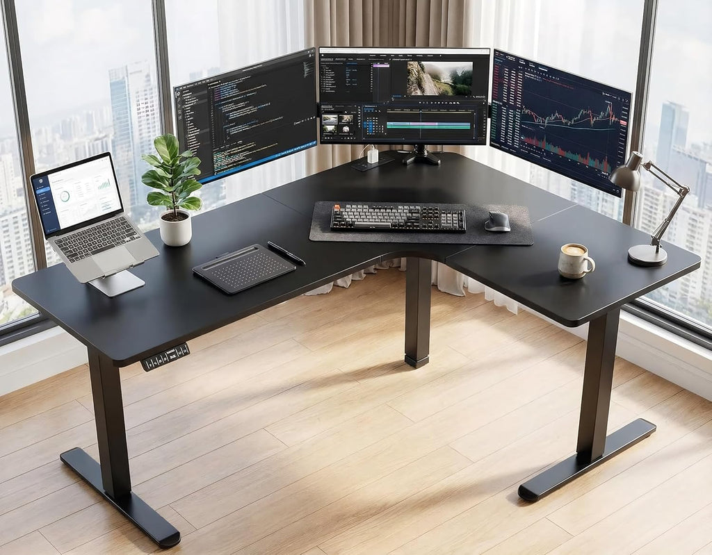 63′′ L-Shaped Standing Desk, Built-in Power Outlets, Black | 3 Memory Presets, Sturdy Steel Frame, 220 lbs Capacity