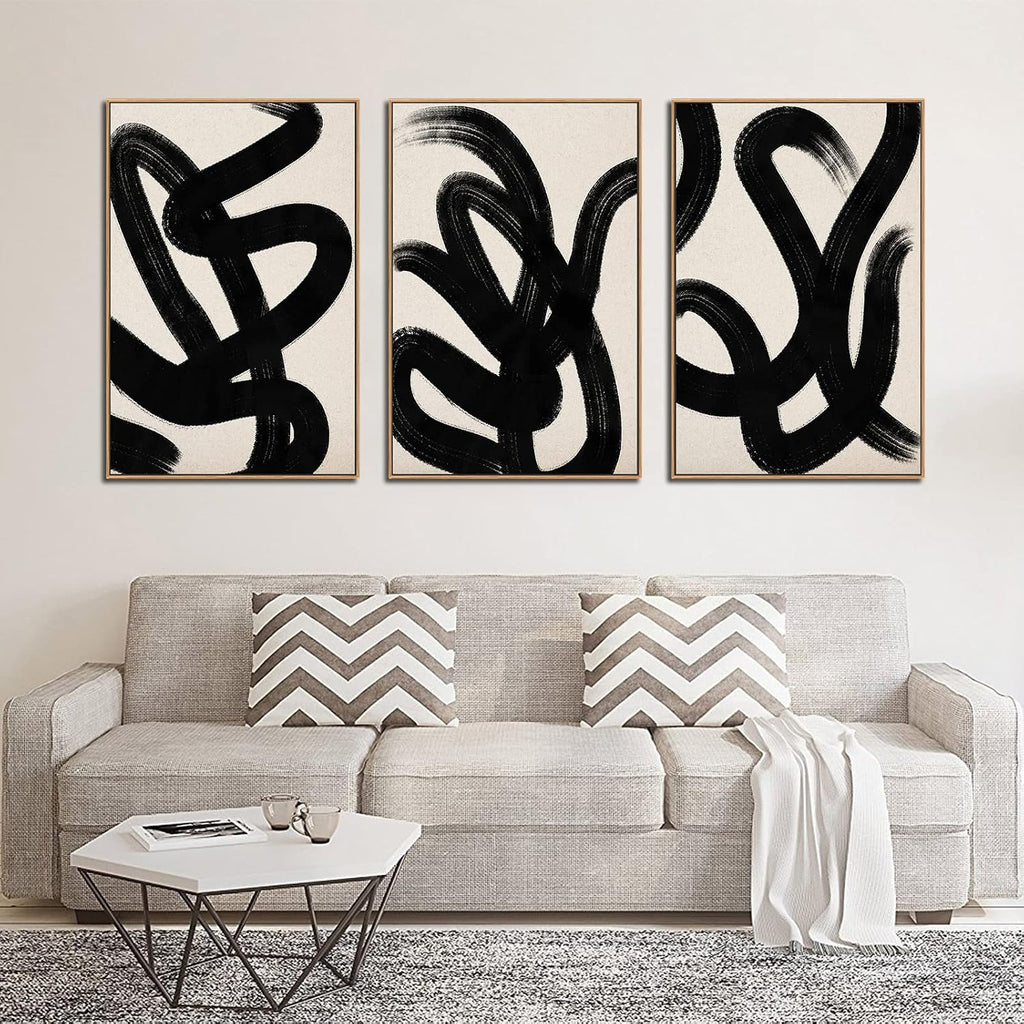 Framed Wall Art Canvas Set Abstract Lines Pictures Modern Mid Century Boho Wall Decor Minimalist Abstract Black