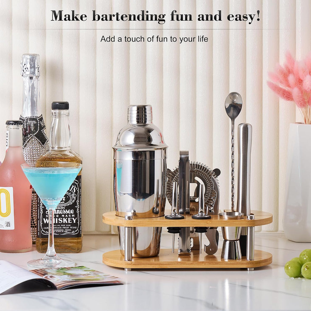 Cocktail Shaker Bartender Kit, Bar Tool Set with Bamboo Stand - Set of 11
