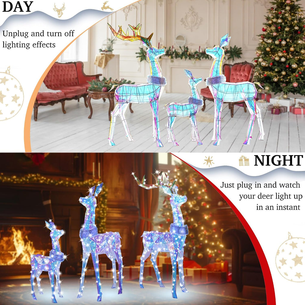 54 Inch 3D Colorful Large Lighted Christmas Deer Decorations 3-Piece Outdoor Holiday Decorations Reindeer Set