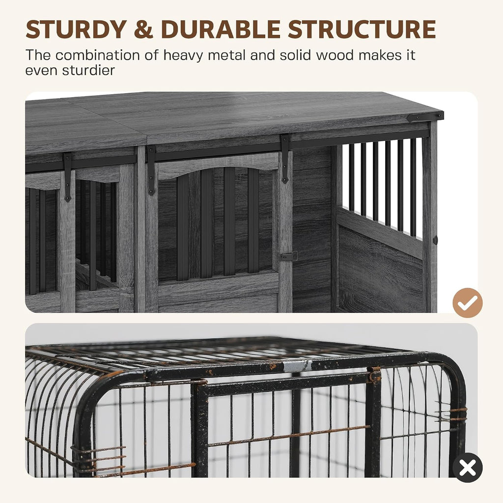 Double Dog Crate Furniture with Barn Sliding Doors Grey
