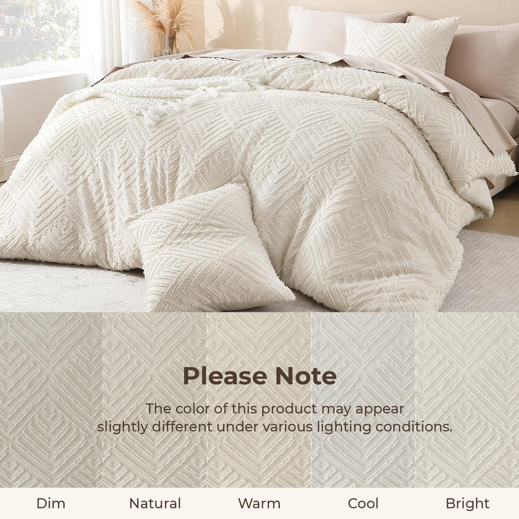 Queen Size Comforter Set, 3 Pieces Beige Tufted Boho Bedding Set