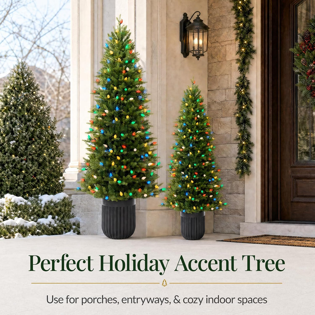 4.5ft Prelit Potted Pencil Christmas Tree w/ C7 LED Lights, Realistic Nostalgic Artificial Lighted Retro Holiday