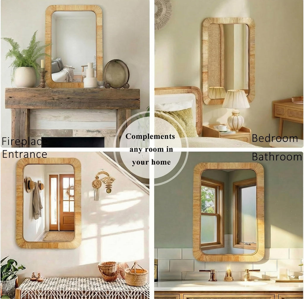 Handmade Rattan Mirror Vanity - Rectangular Wicker Frame Boho Wall Decor - Natural Nursery Decor Accent (24" x 36")