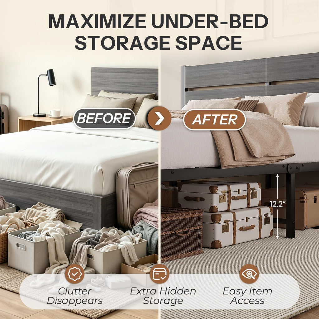 Queen Bed Frame with Headboard and Footboard, Metal Platform Bed with Under Bed Storage, All-Metal Support, No Box