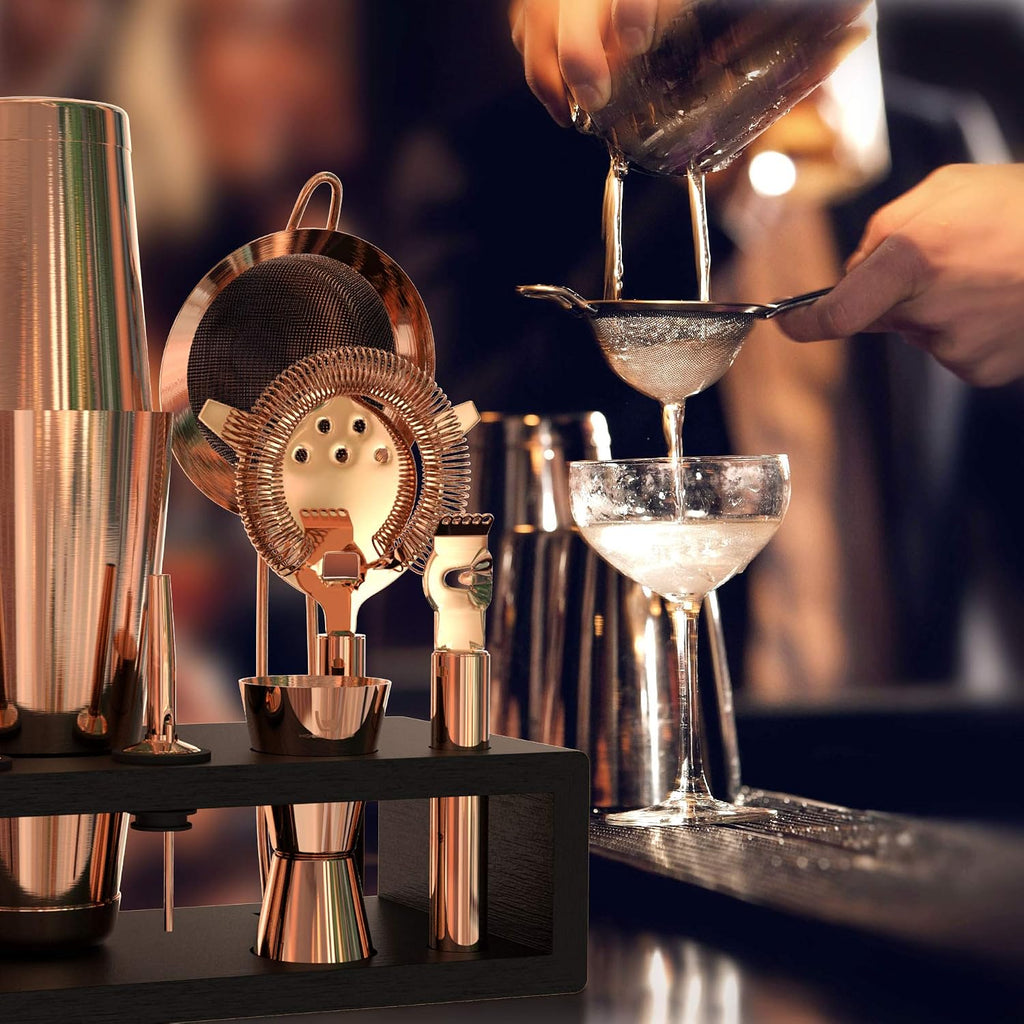 Bartender Kit with Black Bamboo Stand Beautiful Cocktail Shaker Set and Bar Tools Stainless Steel Boston Shaker - Set of 11