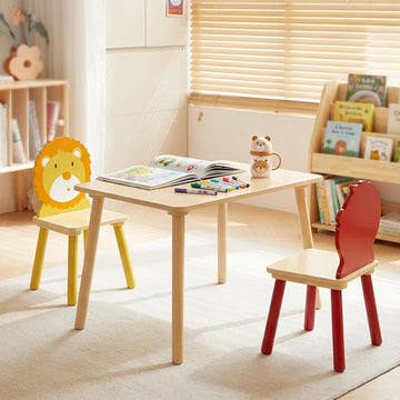 Kids Table and 2 Chairs, Wooden Stable Table and Chair Set (Lion&Monkey), Ideal for Arts & Crafts, Snack Time