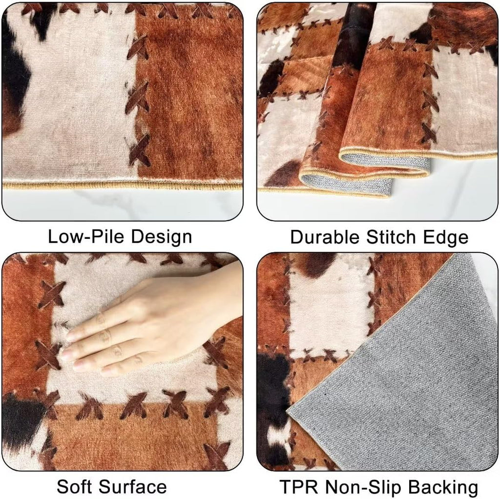 Cowhide Rug Cow Print Rug Western Rugs Brown Runner Rug 2x6,Farmhouse Vintage Throw Accent Area Rug Non Slip Washable