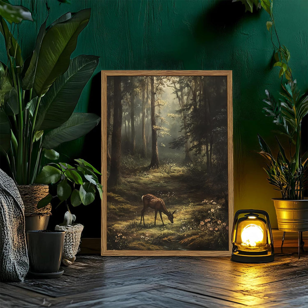 Framed Vintage Forest Deer Canvas Wall Art, Rustic Nature Landscape Paintings Wall Decor, Woodland Animal Pictures