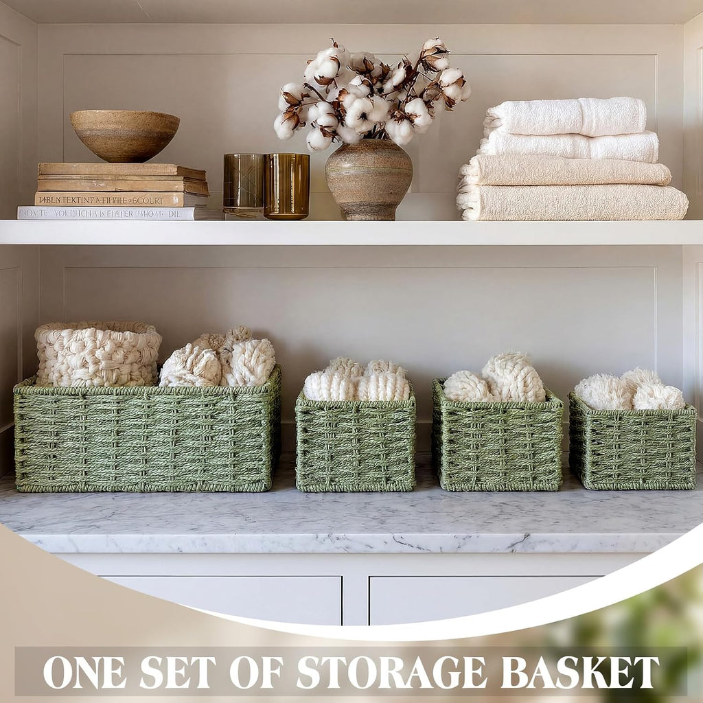 Sage Green Storage Baskets Set 4 Pack Rustic Paper Rope Woven Decorative Basket Organizer in 3 Size Storage Bin Box
