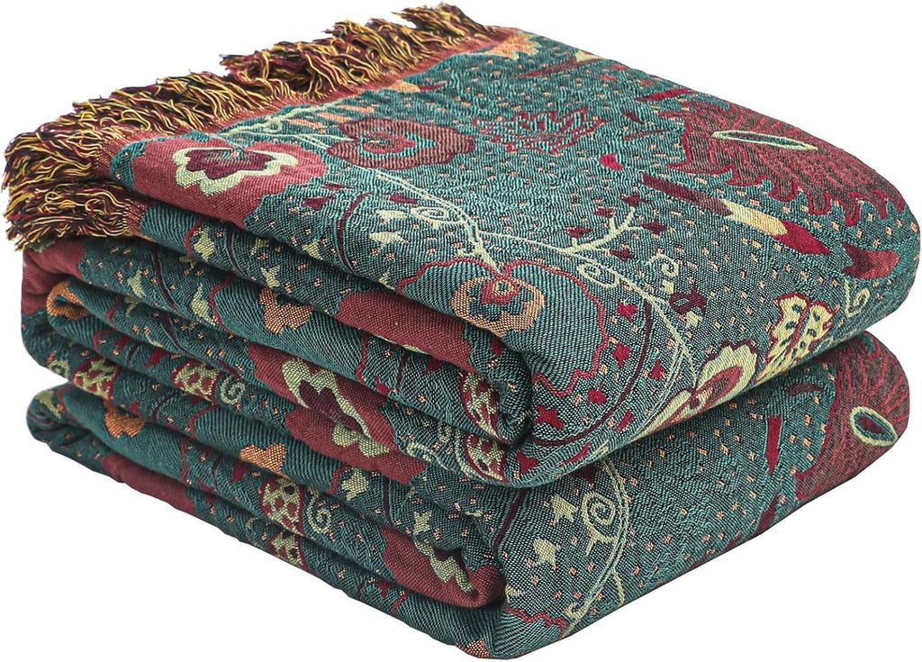 Boho Throw Blanket,100% Ultra Cotton Soft Breathable Bed Throw Floral Printed Farmhouse Decor Rustic Bed Throws