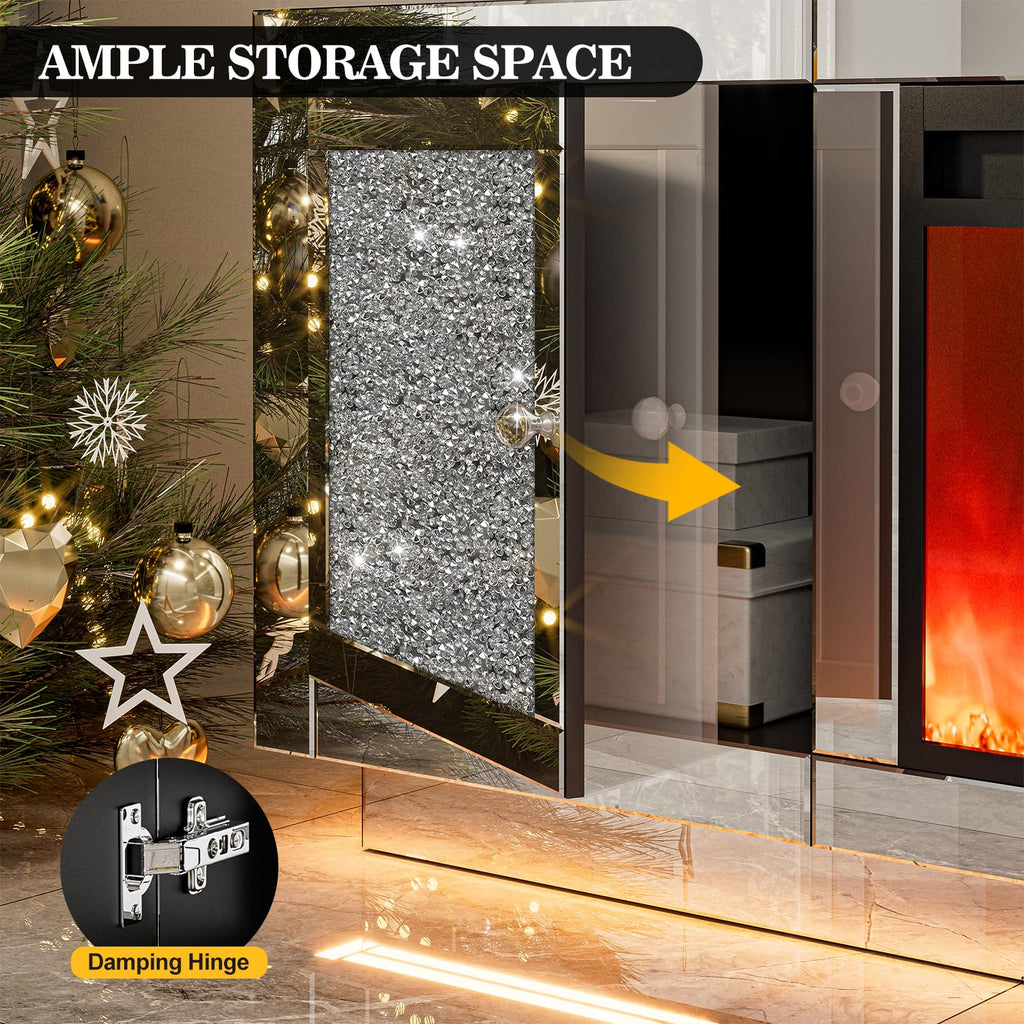 Mirrored Fireplace TV Stand for 65+ inch TV, Mirrored TV Stand with Crushed Diamond & LED Light, Silver Media