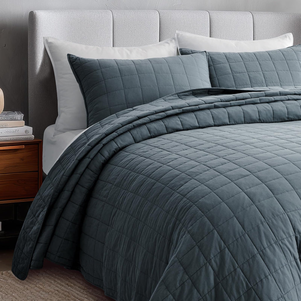 100% Cotton Box Stitch Quilt Set, Midnight Blue