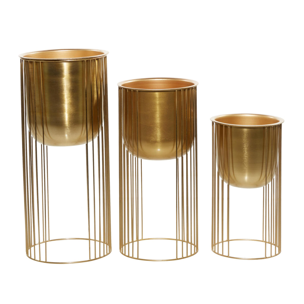 Metal Indoor Outdoor Planter Set of 3, 24", 20", 16"H, Satin Gold