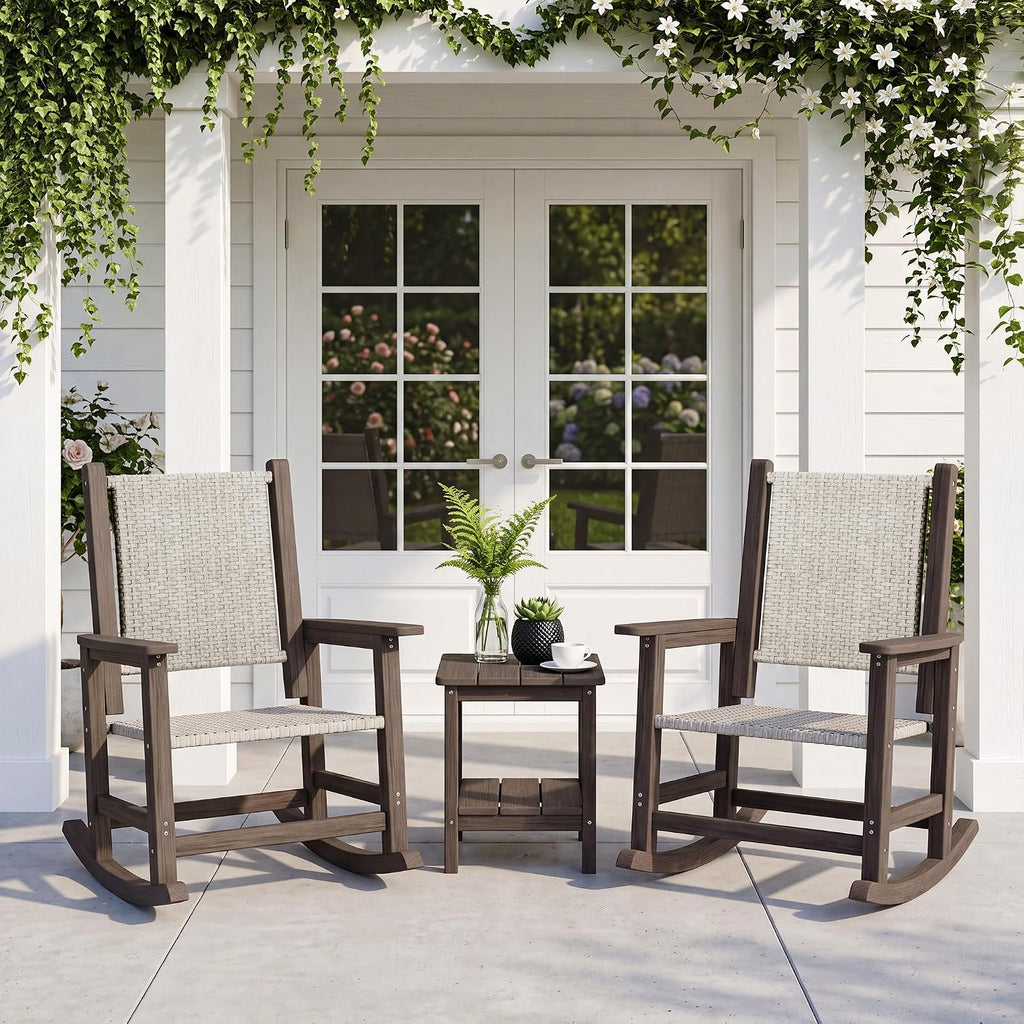 HDPE Outdoor Rocking Chair, All-Weather Wicker Porch Rocker, Dark Brown | Durable HDPE frame with woven seat and