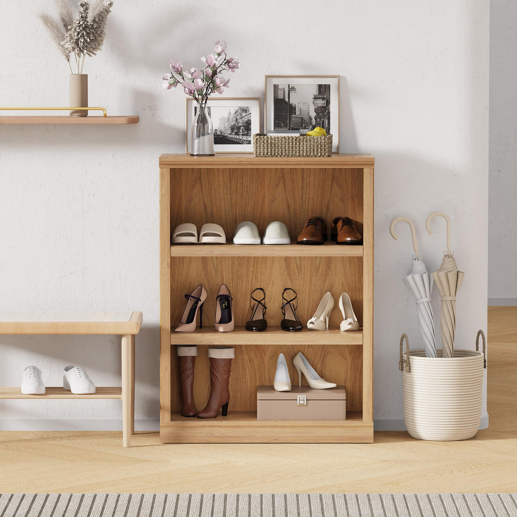 3-Shelf Bookcase Wooden Bookshelves 33in Wide Floor Standing Display Storage Shelves Oak Bookcase, Bed Room