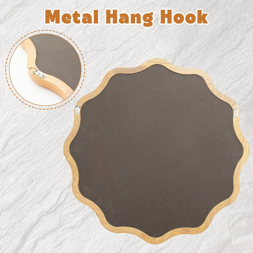 24" Scalloped Wood Wall Mirror, Boho Wall Decor, Natural