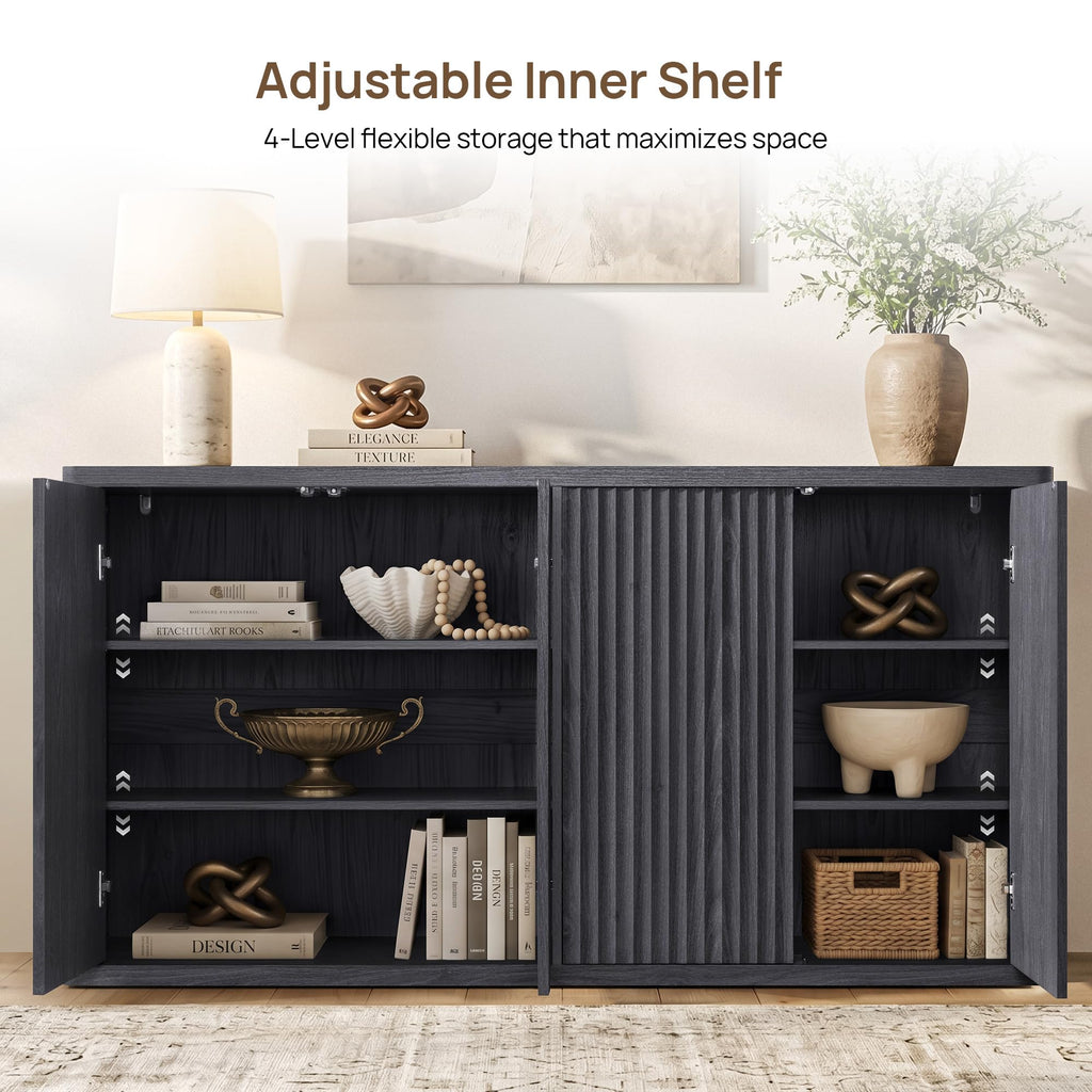 Buffet Cabinet with Storage Accent Sideboard with 4 Doors 66.3" Wide Fluted Credenza Modern Buffet Table Media