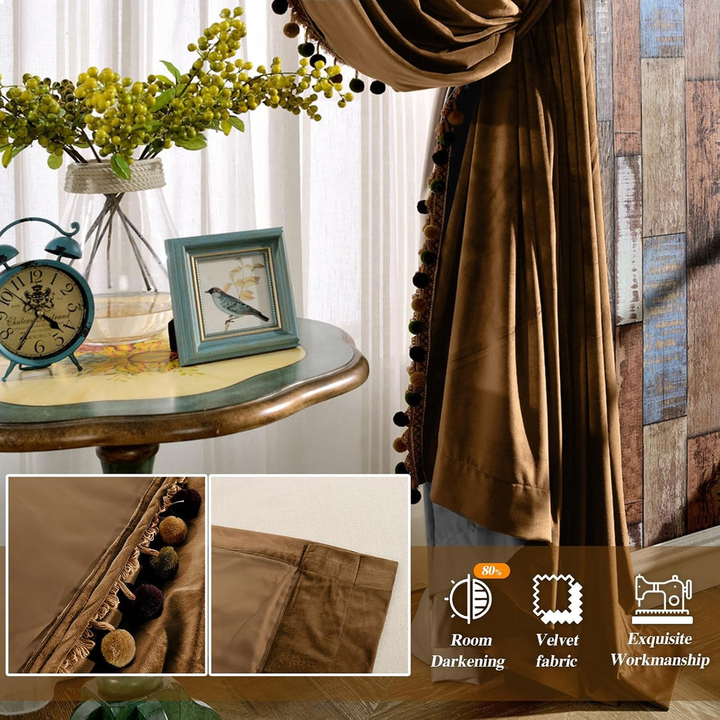 Luxury Pom Poms Velvet Curtains for Bedroom Living Room, Vintage Room Darkening Rod Pocket Window Decorative Drapes