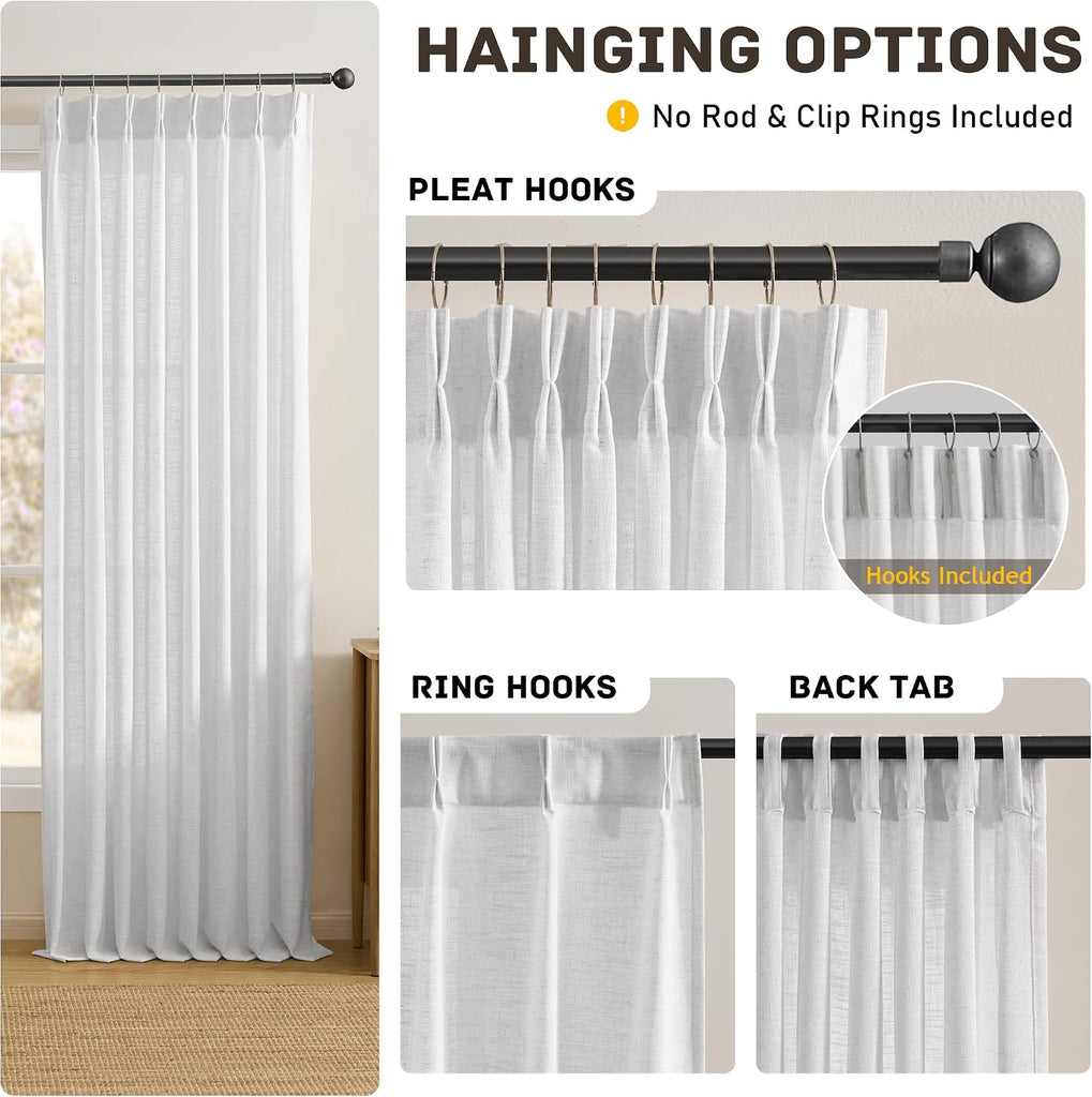 White Pleated Semi Sheer Drapes 50 x 92 Inch Length, Memory Shape Linen Textured Light Filtering Boho Neutral Back