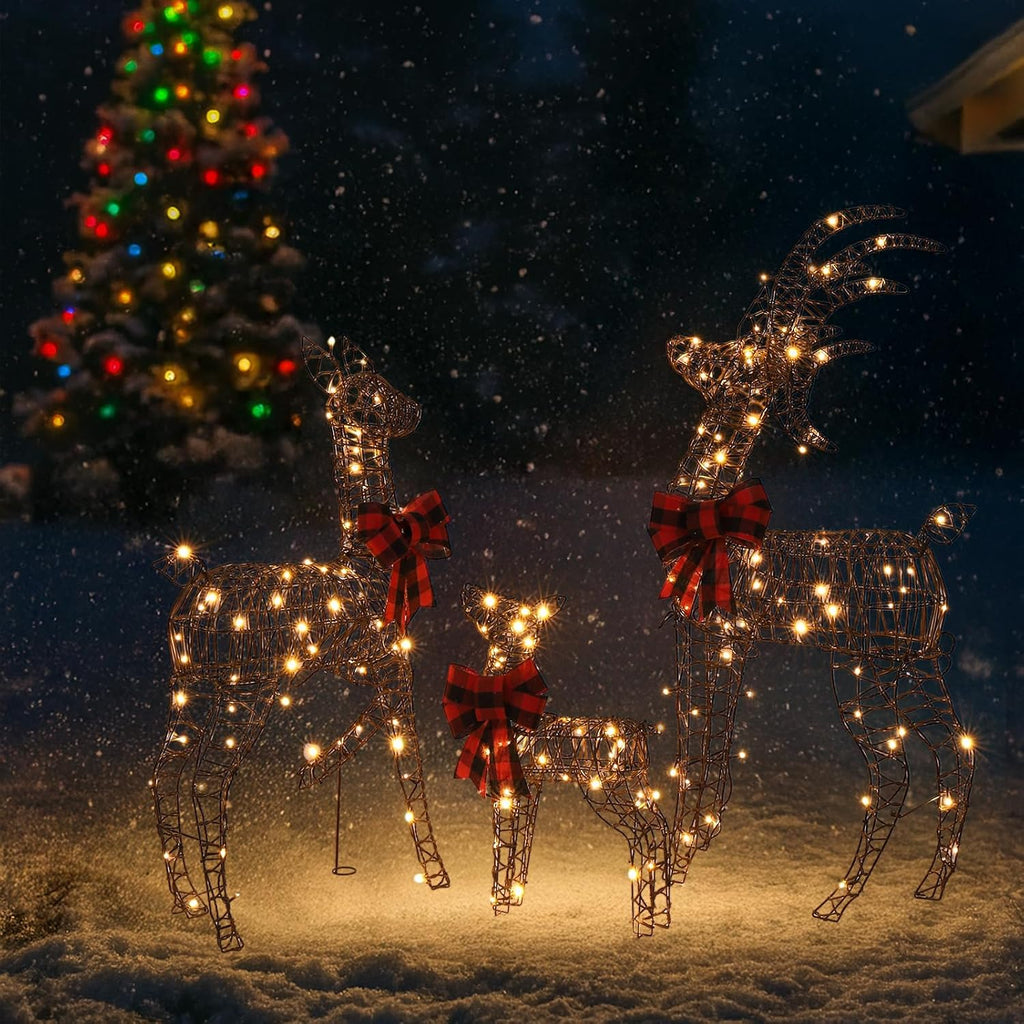 3 Piece 2D Lighted Christmas Deer Family Set,LED Lights,Stakes,Zip Ties