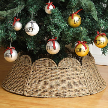 24" Woven Rattan Christmas Tree Collar Scallop Edge Farmhouse