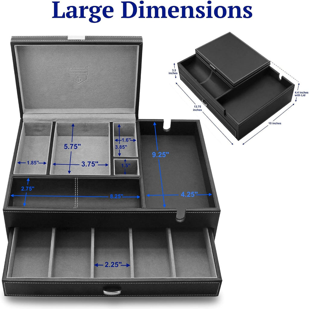 Admiral Dresser Valet Box & Mens Jewelry Box Organizer with Large Smartphone Charging Station (Grey)