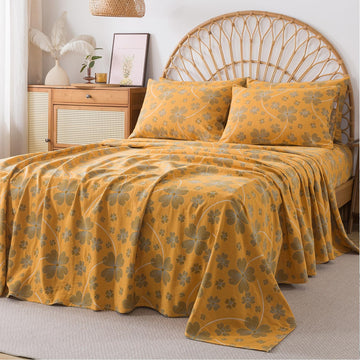 Sheet Set, 100% Cotton Double Gauze, 4-Piece Soft Floral Bed Sheets in Orange & Blue Gray, Deep Pocket Fitted
