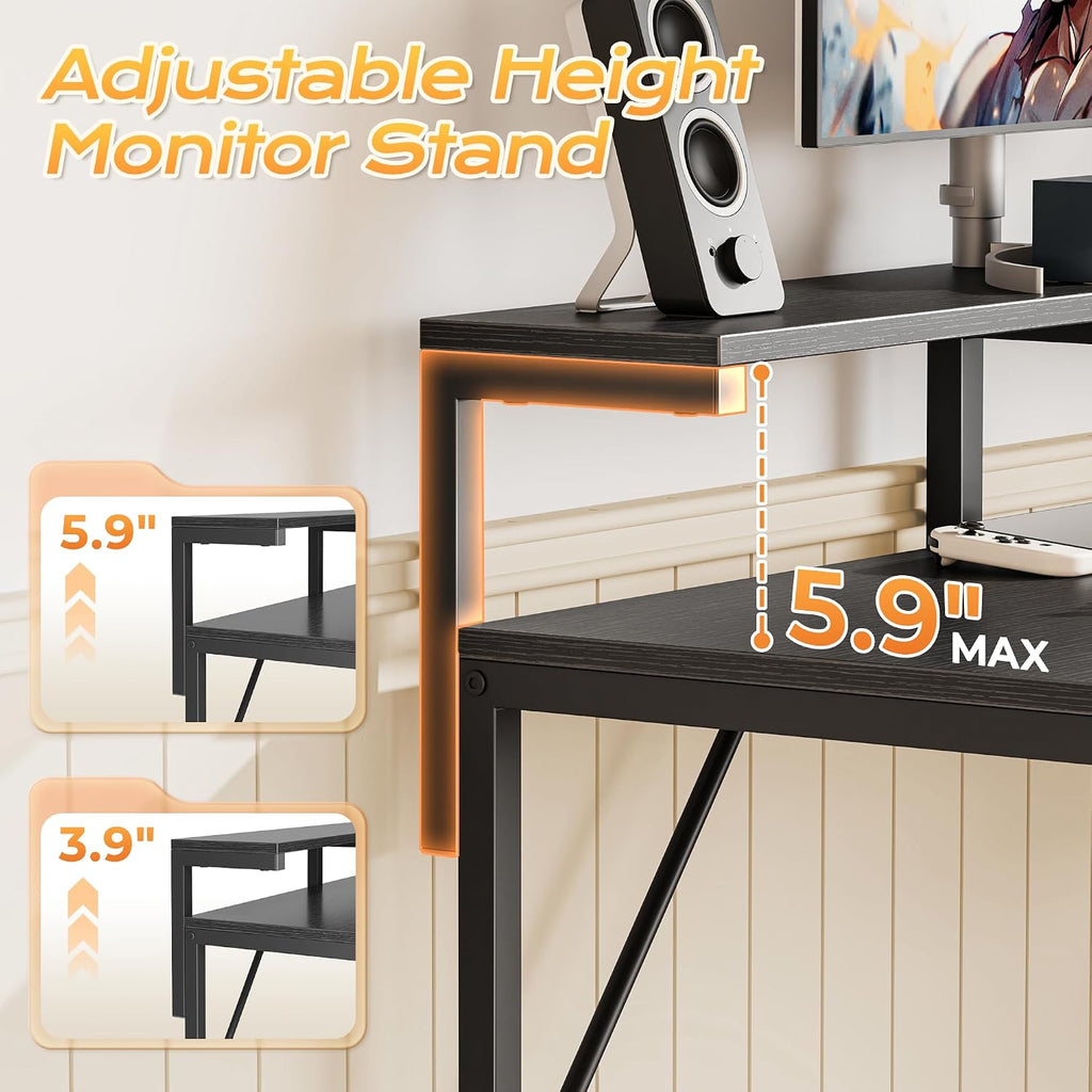 47.2 Inch Gaming Desk with LED Lights & Power Outlets | Computer Desk with Drawer & Storage Shelves, Office Writing