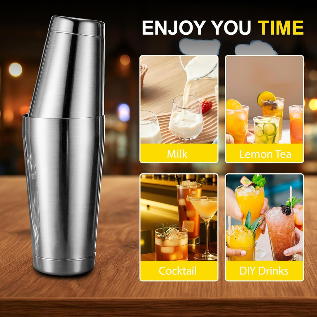 Boston Shaker Set, 18oz & 28oz 2-Piece Tins, Professional 304 Stainless Steel Cocktail Shaker with Leak-Proof