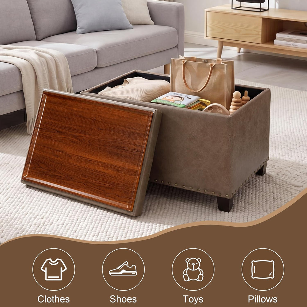 22" Storage Ottoman Coffee Table with Flip Top Tray, Tufted Faux Leather Footrest Stool with Nailhead Trim, Large
