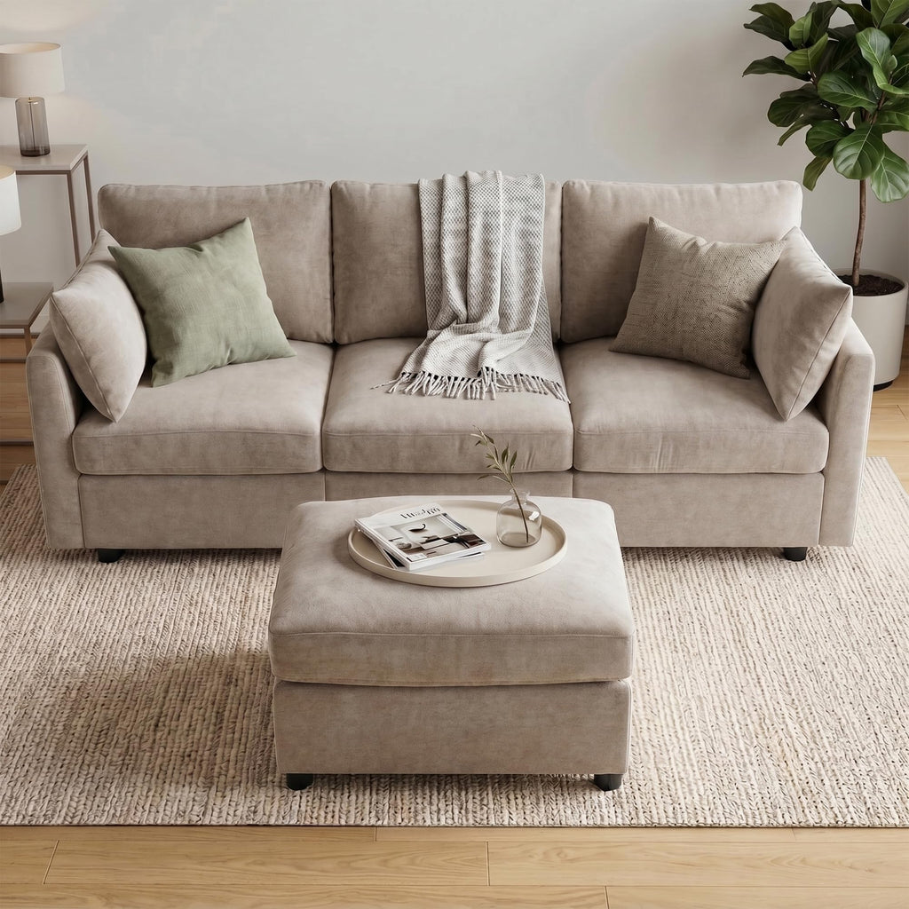 Sectional Cloud Couch, Spring Cushion Seating, L Shaped Convertible Modular Sofa with Ottoman, Khaki