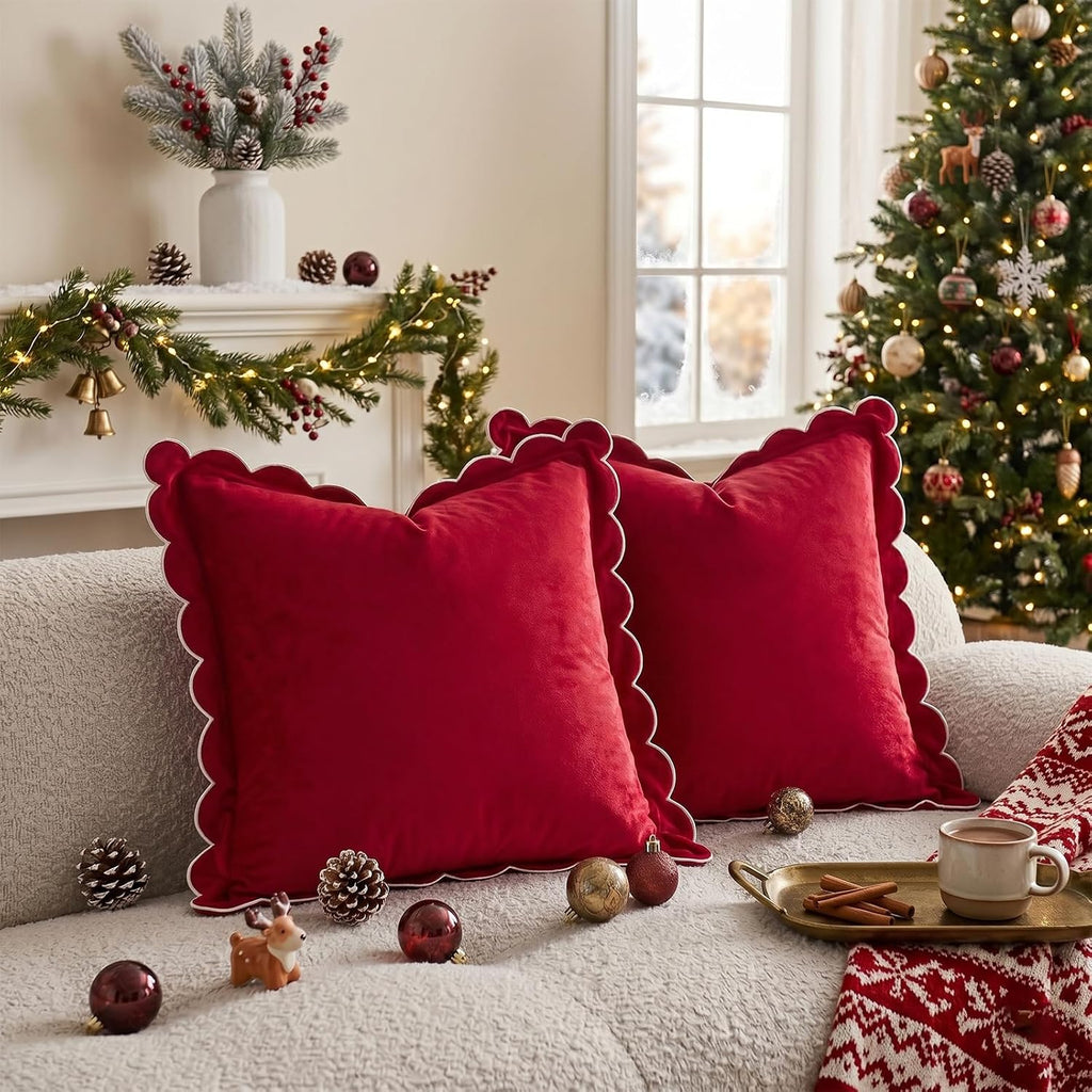 Christmas Pillow Covers 18x18 Inch Red Holiday Throw Pillow Covers Scalloped Ruffle Velvet Couch Pillows - Set of 2