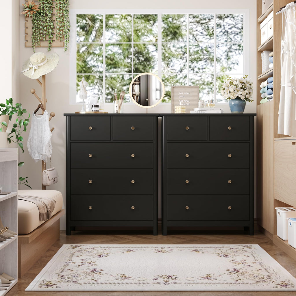 Black with 5 Drawers, Chest of Drawers, 5 Drawers | 29" W Modern Wood with Practical 2 Size Drawers, Space-Saving